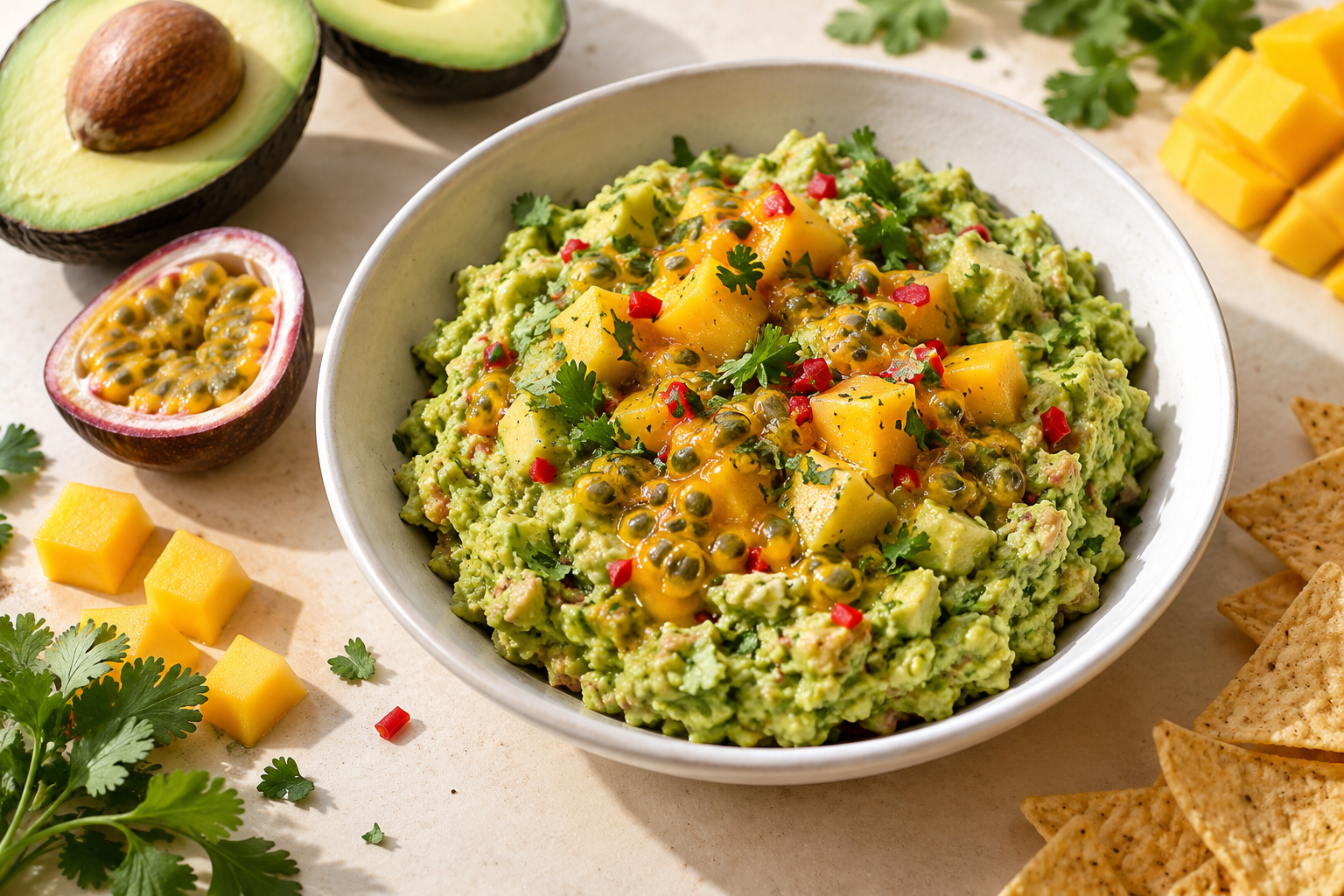 Guacamole topped with mango and passion fruit sauce, served with avocado, tortilla chips and fresh ingredients
